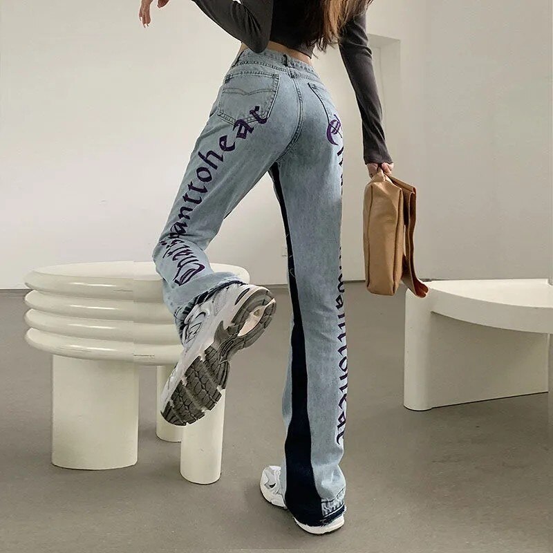 European Spring 2022 New Arrivals Denim Back Letters Embroidery Loose High-waisted Jeans Straight Pants Women Fashio